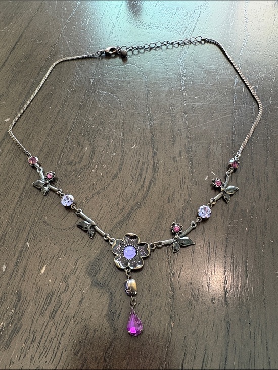Avon Jewelry - Avon Silver-Tone Floral Necklace with Purple and Pink Crystals